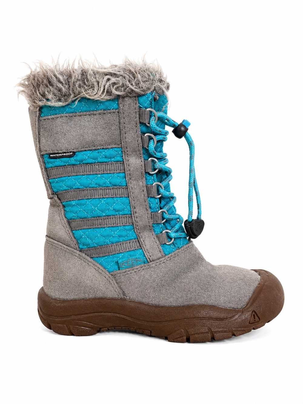 KEEN Kids Levo Waterproof Winter Snow Boots Faux Fur Turquoise Gray Girls 11
